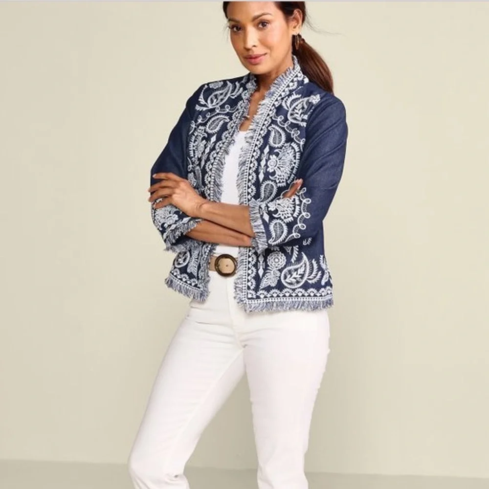 Soft Surroundings Mesaria Jacket Embroidered‎ Dark Denim Open Front Large 2GN81